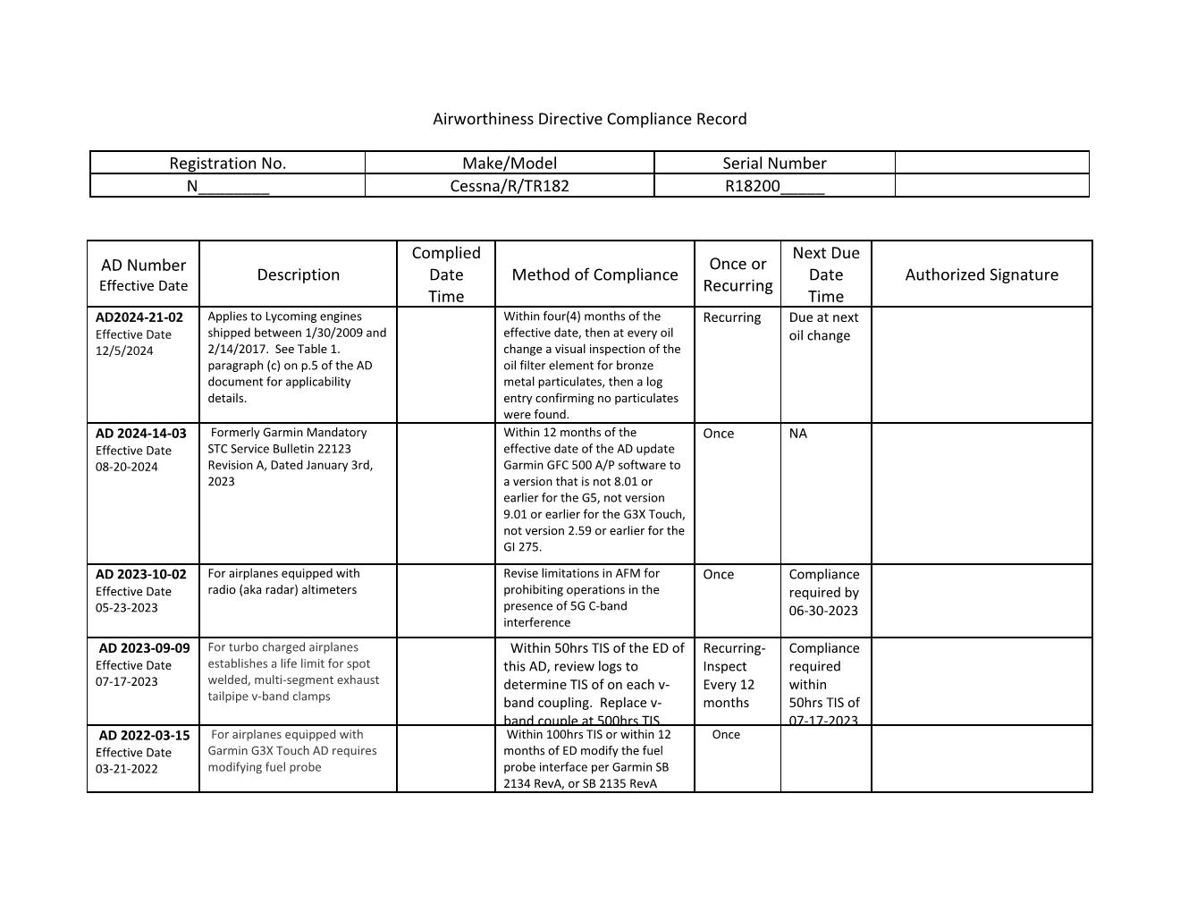 CessnaR-TR182 Sample Airworthiness Directive Compliance Record Page 001.jpg